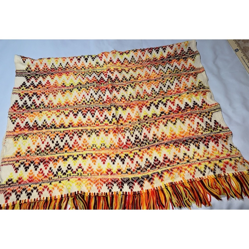 Vintage 70s‎ Woven Afghan Throw Fringe Hippie Boho Aztec